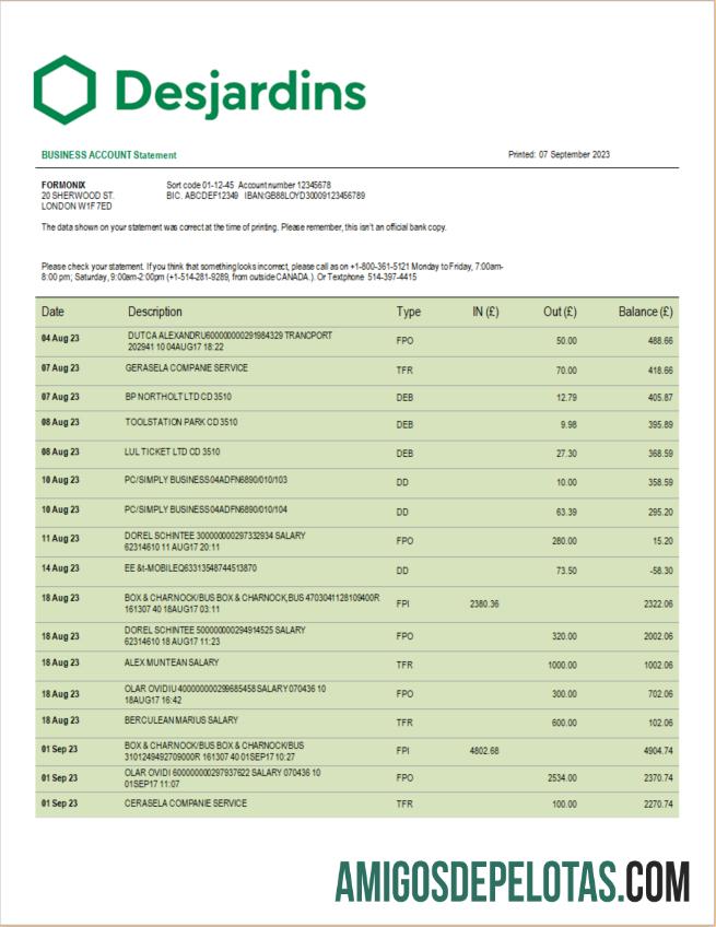 Em branco Desjardins Bank Extrato de conta corrente corporativa modelo Word e PDF